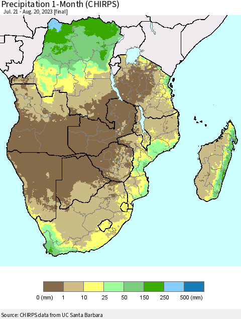 Southern Africa Precipitation 1-Month (CHIRPS) Thematic Map For 7/21/2023 - 8/20/2023