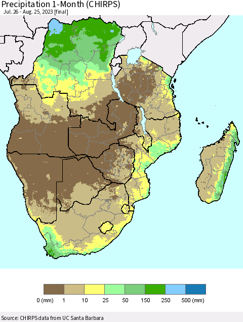 Southern Africa Precipitation 1-Month (CHIRPS) Thematic Map For 7/26/2023 - 8/25/2023
