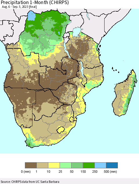 Southern Africa Precipitation 1-Month (CHIRPS) Thematic Map For 8/6/2023 - 9/5/2023
