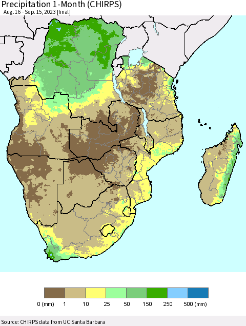 Southern Africa Precipitation 1-Month (CHIRPS) Thematic Map For 8/16/2023 - 9/15/2023