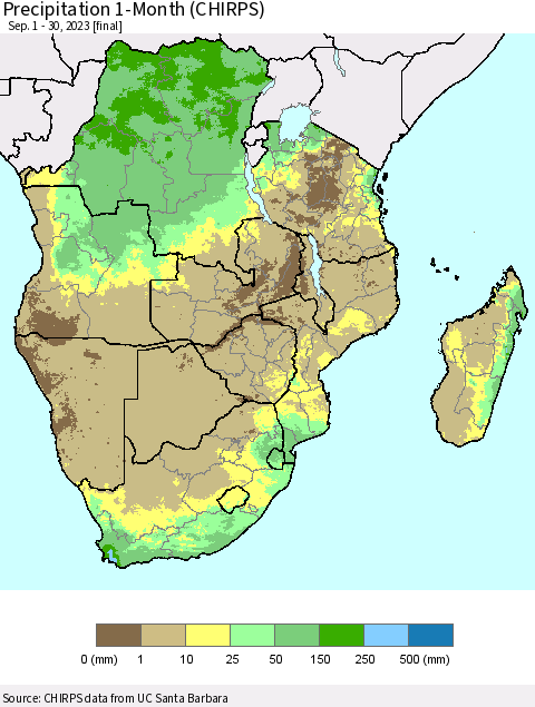 Southern Africa Precipitation 1-Month (CHIRPS) Thematic Map For 9/1/2023 - 9/30/2023