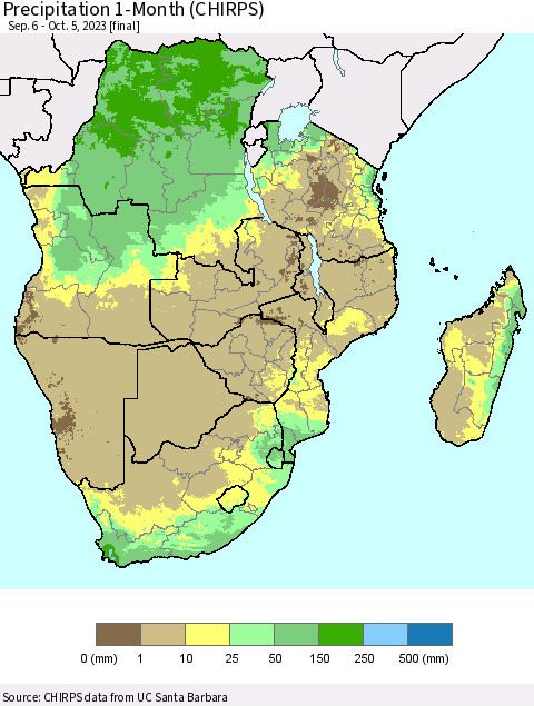 Southern Africa Precipitation 1-Month (CHIRPS) Thematic Map For 9/6/2023 - 10/5/2023