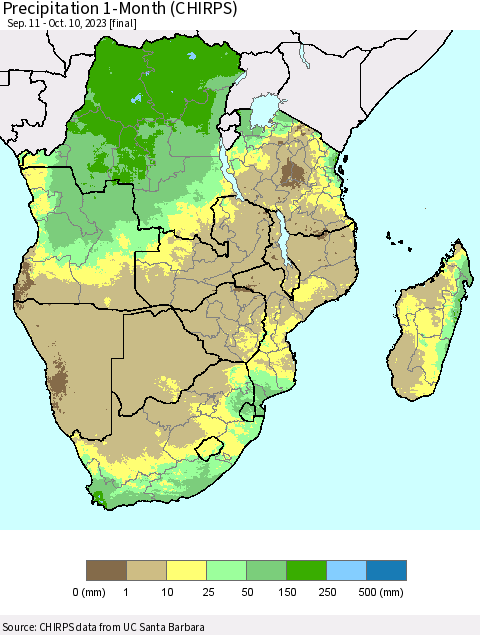 Southern Africa Precipitation 1-Month (CHIRPS) Thematic Map For 9/11/2023 - 10/10/2023