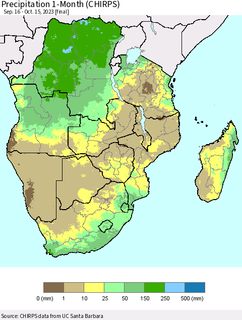 Southern Africa Precipitation 1-Month (CHIRPS) Thematic Map For 9/16/2023 - 10/15/2023
