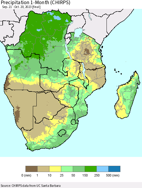 Southern Africa Precipitation 1-Month (CHIRPS) Thematic Map For 9/21/2023 - 10/20/2023