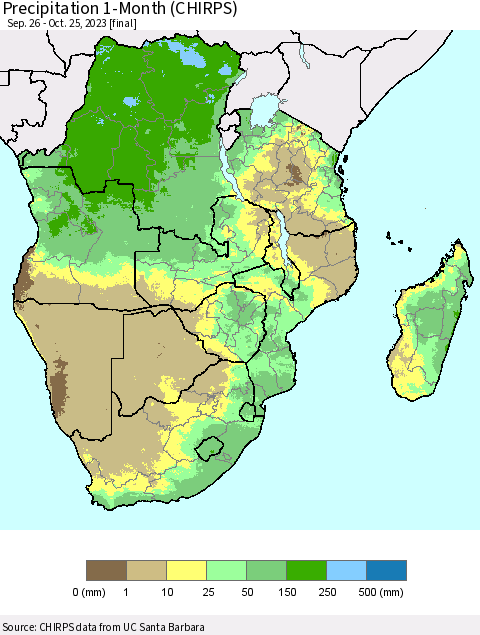 Southern Africa Precipitation 1-Month (CHIRPS) Thematic Map For 9/26/2023 - 10/25/2023
