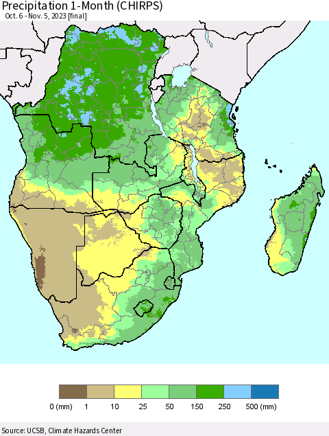 Southern Africa Precipitation 1-Month (CHIRPS) Thematic Map For 10/6/2023 - 11/5/2023