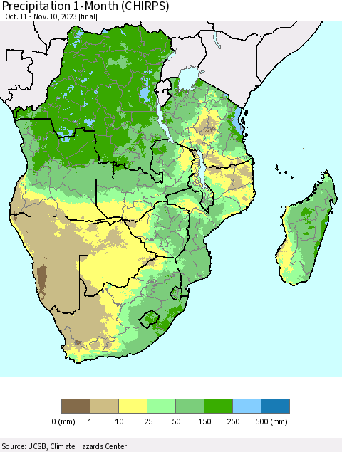 Southern Africa Precipitation 1-Month (CHIRPS) Thematic Map For 10/11/2023 - 11/10/2023