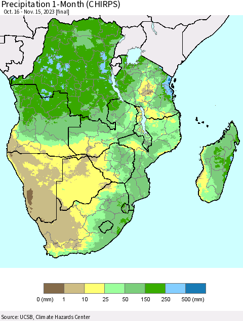 Southern Africa Precipitation 1-Month (CHIRPS) Thematic Map For 10/16/2023 - 11/15/2023