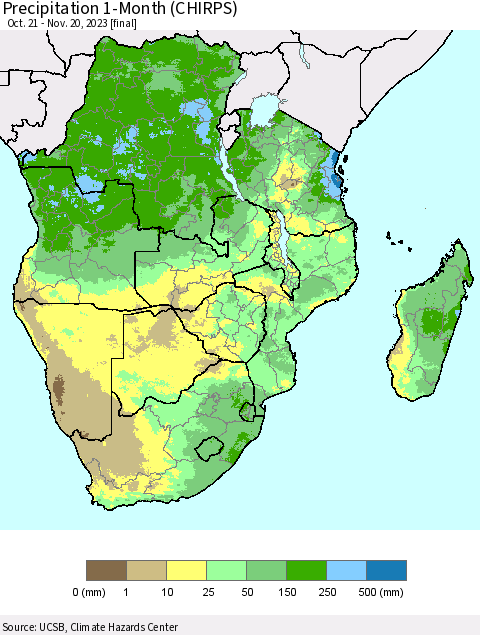 Southern Africa Precipitation 1-Month (CHIRPS) Thematic Map For 10/21/2023 - 11/20/2023