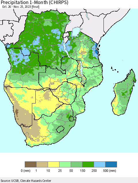 Southern Africa Precipitation 1-Month (CHIRPS) Thematic Map For 10/26/2023 - 11/25/2023