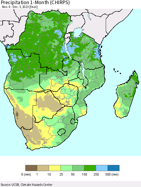 Southern Africa Precipitation 1-Month (CHIRPS) Thematic Map For 11/6/2023 - 12/5/2023