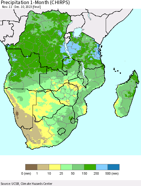 Southern Africa Precipitation 1-Month (CHIRPS) Thematic Map For 11/11/2023 - 12/10/2023