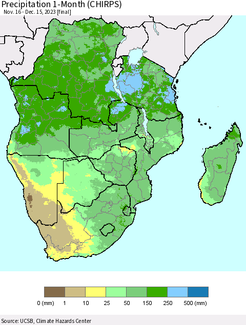Southern Africa Precipitation 1-Month (CHIRPS) Thematic Map For 11/16/2023 - 12/15/2023