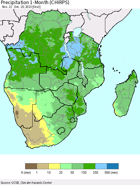 Southern Africa Precipitation 1-Month (CHIRPS) Thematic Map For 11/21/2023 - 12/20/2023