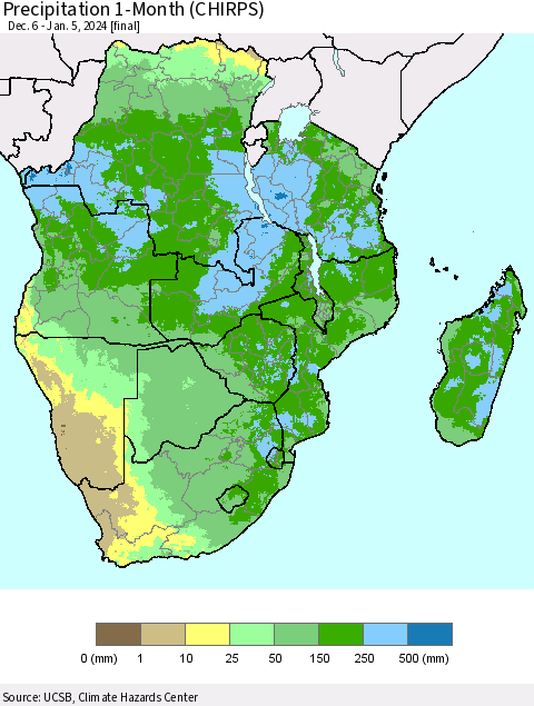 Southern Africa Precipitation 1-Month (CHIRPS) Thematic Map For 12/6/2023 - 1/5/2024