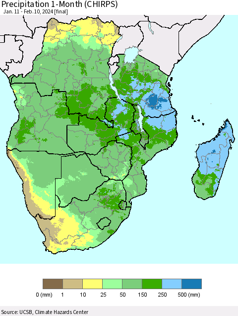 Southern Africa Precipitation 1-Month (CHIRPS) Thematic Map For 1/11/2024 - 2/10/2024