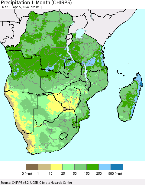 Southern Africa Precipitation 1-Month (CHIRPS) Thematic Map For 3/6/2024 - 4/5/2024