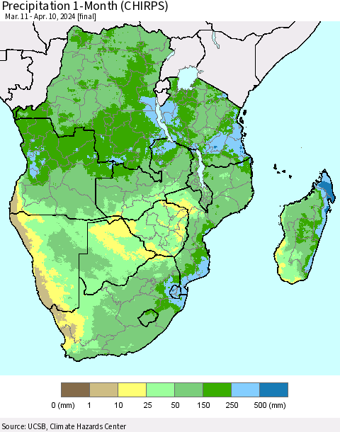 Southern Africa Precipitation 1-Month (CHIRPS) Thematic Map For 3/11/2024 - 4/10/2024