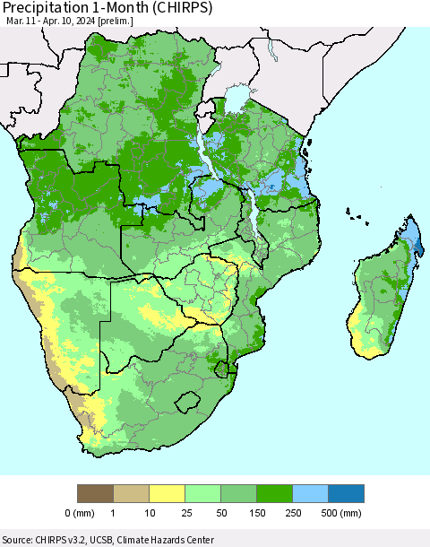 Southern Africa Precipitation 1-Month (CHIRPS) Thematic Map For 3/11/2024 - 4/10/2024