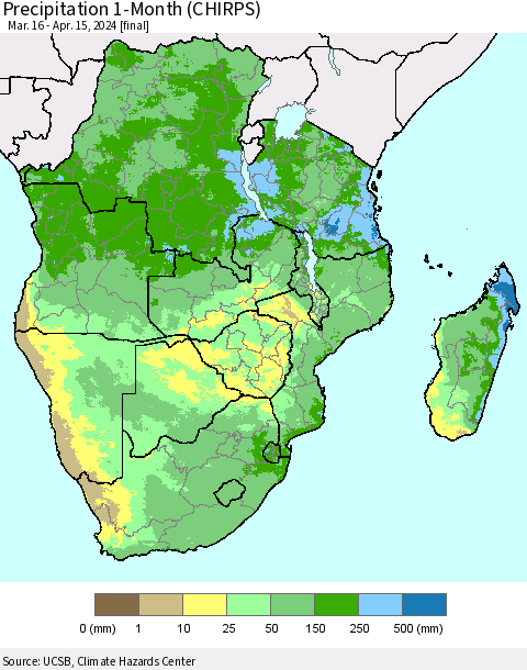 Southern Africa Precipitation 1-Month (CHIRPS) Thematic Map For 3/16/2024 - 4/15/2024