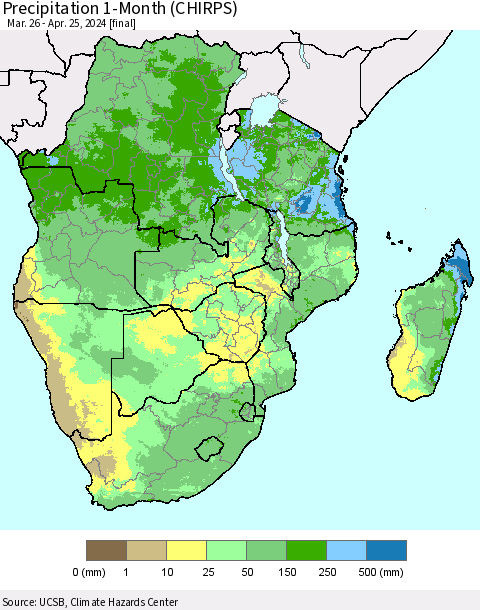 Southern Africa Precipitation 1-Month (CHIRPS) Thematic Map For 3/26/2024 - 4/25/2024
