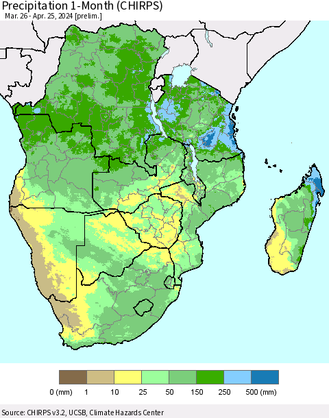 Southern Africa Precipitation 1-Month (CHIRPS) Thematic Map For 3/26/2024 - 4/25/2024