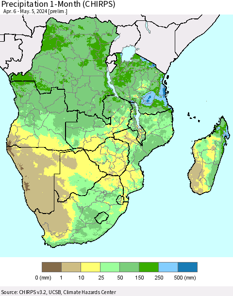 Southern Africa Precipitation 1-Month (CHIRPS) Thematic Map For 4/6/2024 - 5/5/2024