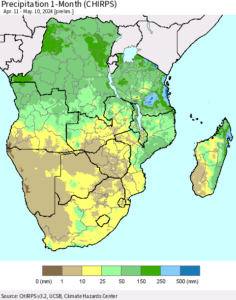 Southern Africa Precipitation 1-Month (CHIRPS) Thematic Map For 4/11/2024 - 5/10/2024