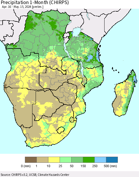 Southern Africa Precipitation 1-Month (CHIRPS) Thematic Map For 4/16/2024 - 5/15/2024