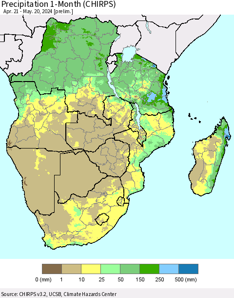 Southern Africa Precipitation 1-Month (CHIRPS) Thematic Map For 4/21/2024 - 5/20/2024