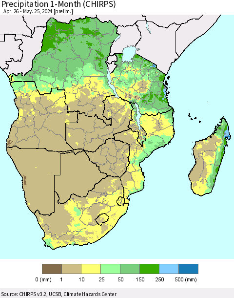 Southern Africa Precipitation 1-Month (CHIRPS) Thematic Map For 4/26/2024 - 5/25/2024
