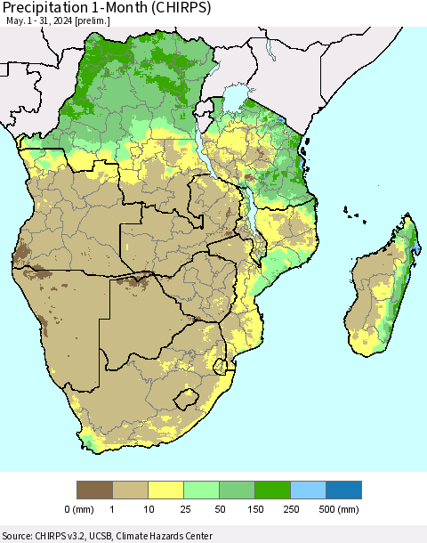 Southern Africa Precipitation 1-Month (CHIRPS) Thematic Map For 5/1/2024 - 5/31/2024