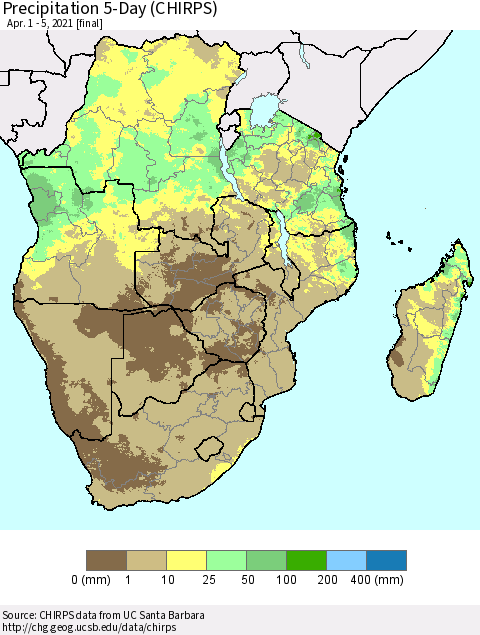 Southern Africa Precipitation 5-Day (CHIRPS) Thematic Map For 4/1/2021 - 4/5/2021