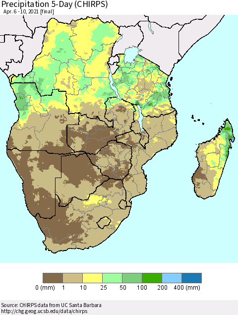 Southern Africa Precipitation 5-Day (CHIRPS) Thematic Map For 4/6/2021 - 4/10/2021