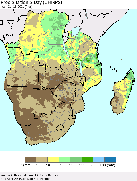 Southern Africa Precipitation 5-Day (CHIRPS) Thematic Map For 4/11/2021 - 4/15/2021