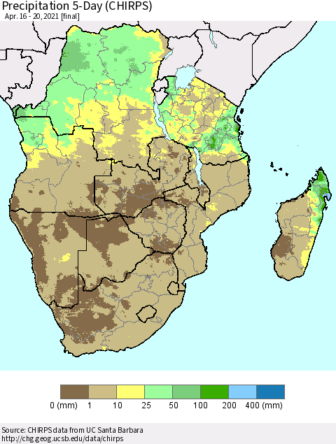 Southern Africa Precipitation 5-Day (CHIRPS) Thematic Map For 4/16/2021 - 4/20/2021