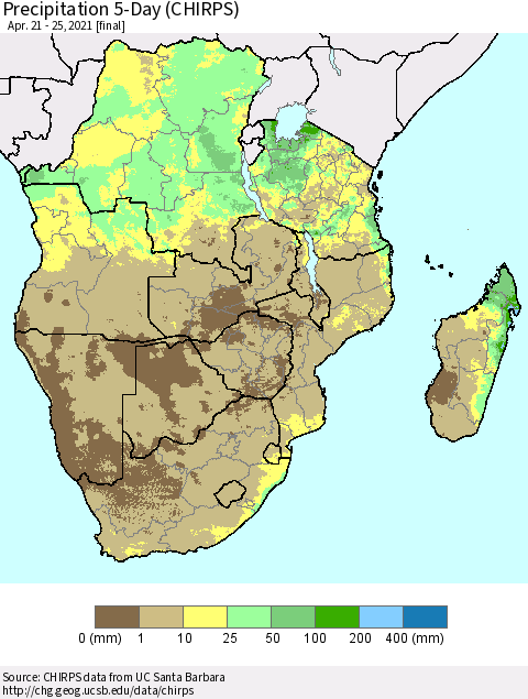 Southern Africa Precipitation 5-Day (CHIRPS) Thematic Map For 4/21/2021 - 4/25/2021