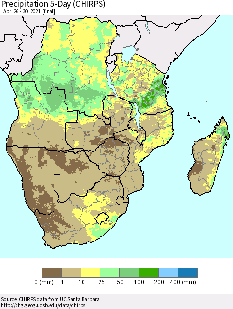 Southern Africa Precipitation 5-Day (CHIRPS) Thematic Map For 4/26/2021 - 4/30/2021