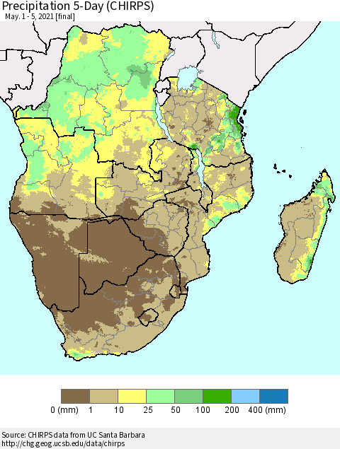 Southern Africa Precipitation 5-Day (CHIRPS) Thematic Map For 5/1/2021 - 5/5/2021