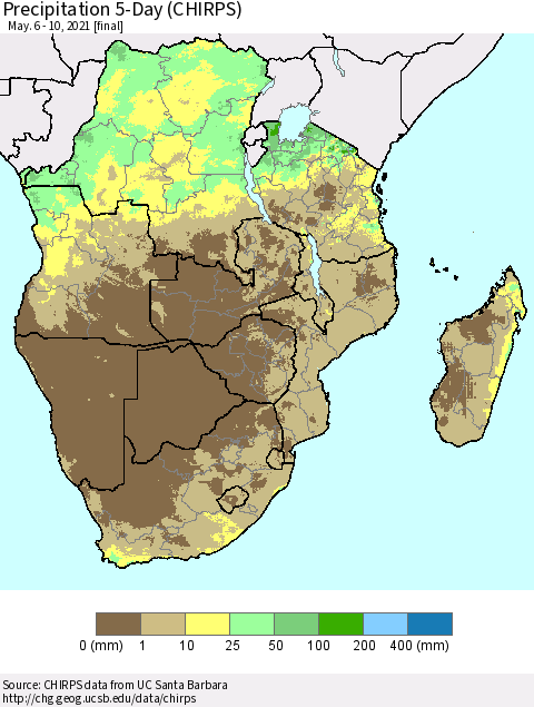 Southern Africa Precipitation 5-Day (CHIRPS) Thematic Map For 5/6/2021 - 5/10/2021