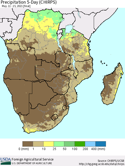 Southern Africa Precipitation 5-Day (CHIRPS) Thematic Map For 5/11/2021 - 5/15/2021