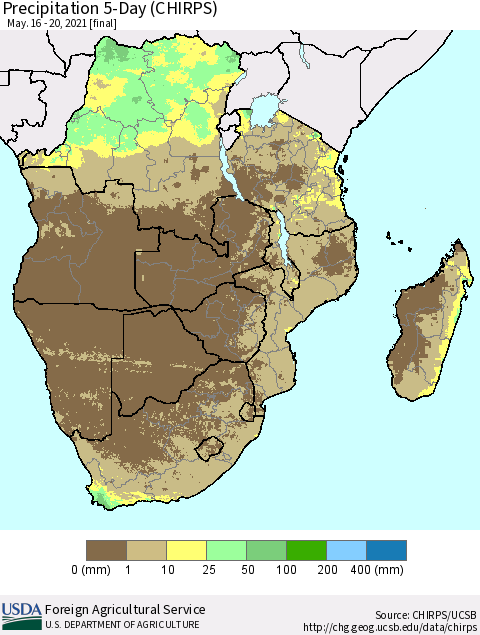 Southern Africa Precipitation 5-Day (CHIRPS) Thematic Map For 5/16/2021 - 5/20/2021