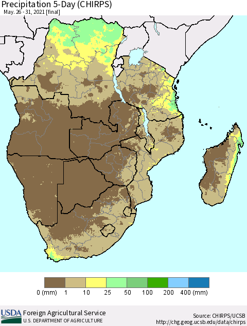 Southern Africa Precipitation 5-Day (CHIRPS) Thematic Map For 5/26/2021 - 5/31/2021