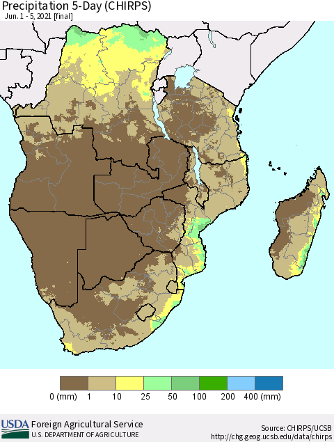 Southern Africa Precipitation 5-Day (CHIRPS) Thematic Map For 6/1/2021 - 6/5/2021