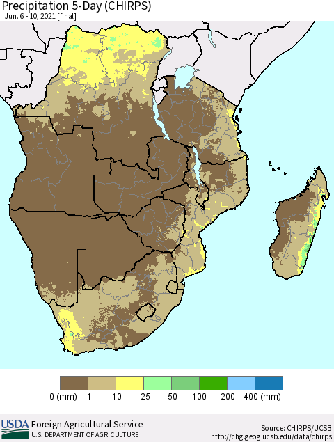 Southern Africa Precipitation 5-Day (CHIRPS) Thematic Map For 6/6/2021 - 6/10/2021