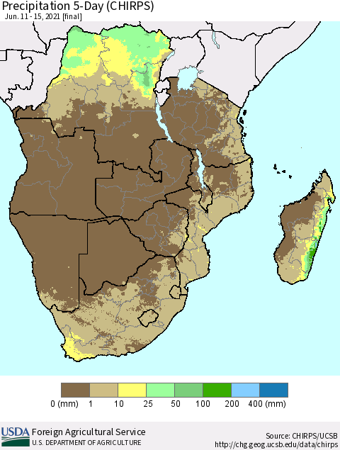 Southern Africa Precipitation 5-Day (CHIRPS) Thematic Map For 6/11/2021 - 6/15/2021