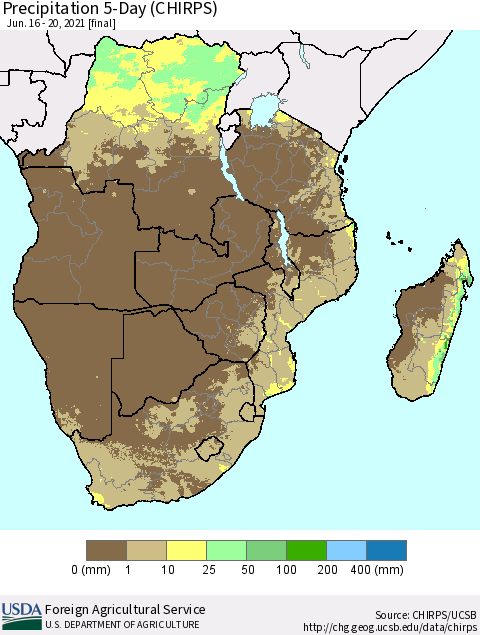 Southern Africa Precipitation 5-Day (CHIRPS) Thematic Map For 6/16/2021 - 6/20/2021