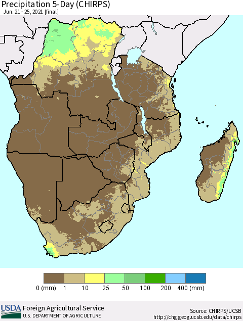 Southern Africa Precipitation 5-Day (CHIRPS) Thematic Map For 6/21/2021 - 6/25/2021