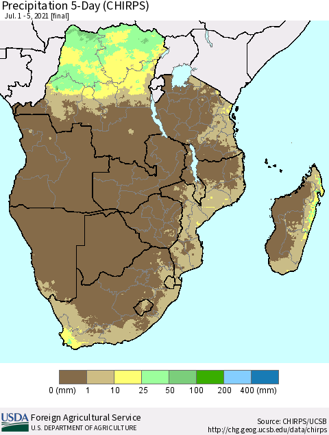 Southern Africa Precipitation 5-Day (CHIRPS) Thematic Map For 7/1/2021 - 7/5/2021